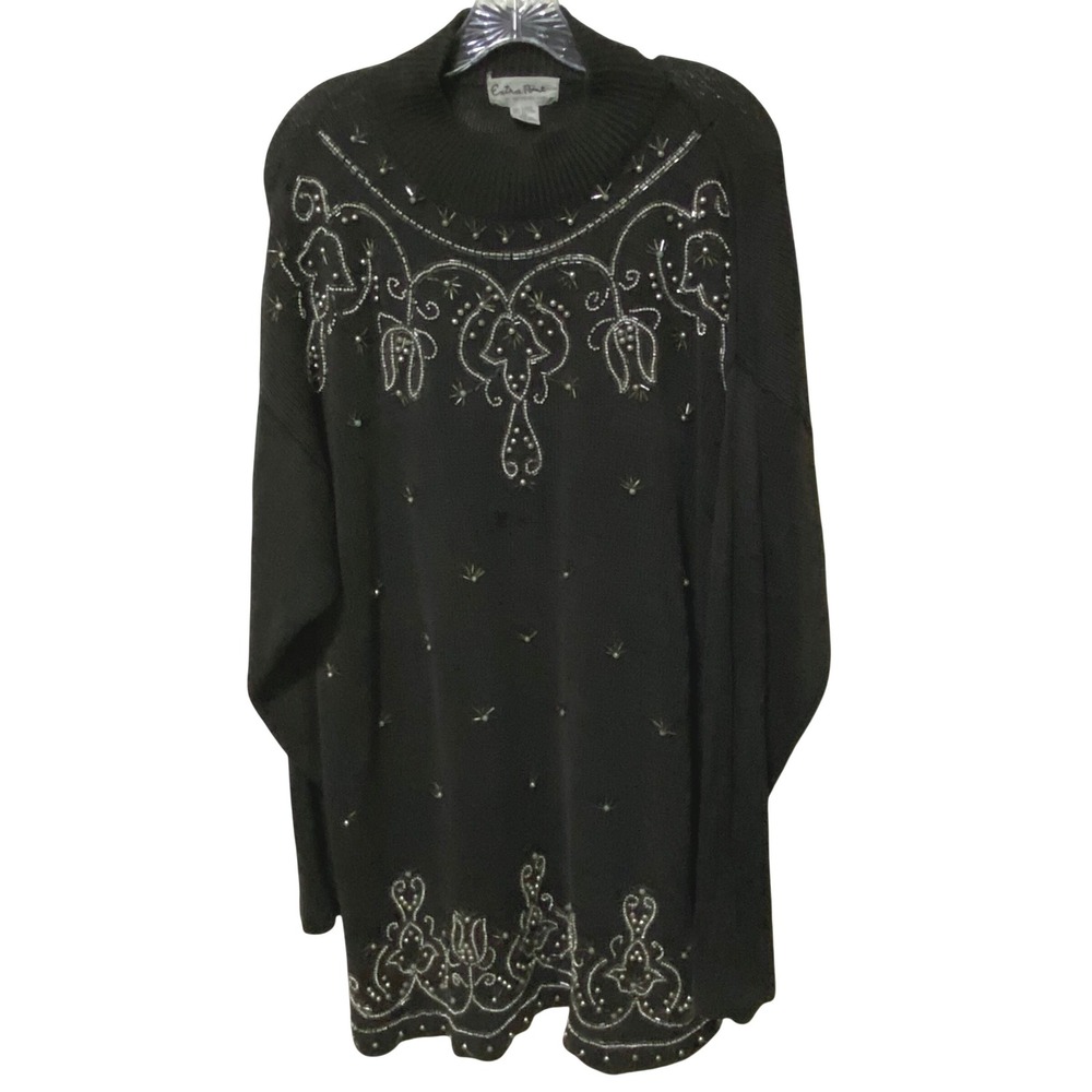 Vtg 90s Beaded Womens Mock Neck Sweater 3X Dark‎ Gray Boho Artisan Project Piece